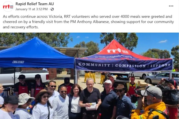 The Plymouth Brethren Christian Church’s Rapid Relief Team Facebook post featuring Anthony Albanese at the fire front in Victoria in January 2026, claiming his “support for our community”.