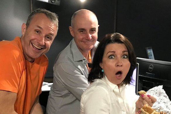 4KQ’s breakfast team of Mark Hine (left), Gary Clare and Laurel Edwards have surged to top spot in the latest ratings.
