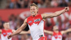 Sydney’s Isaac Heeney celebrates a goal against the Giants in Saturday’s qualifying final at the SCG.