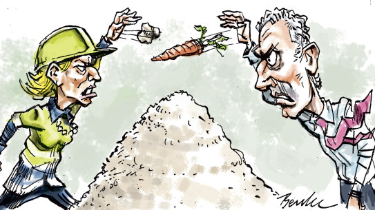 Lynas chief executive Amanda Lacaze and Wesfarmers managing director Rob Scott. Illustration: Joe Benke