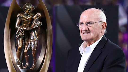 SYDNEY, AUSTRALIA - OCTOBER 01: Arthur Summons poses with The Provan-Summons Trophy after the 2017 NRL Grand Final match between the Melbourne Storm and the North Queensland Cowboys at ANZ Stadium on October 1, 2017 in Sydney, Australia. (Photo by Mark Kolbe/Getty Images)
