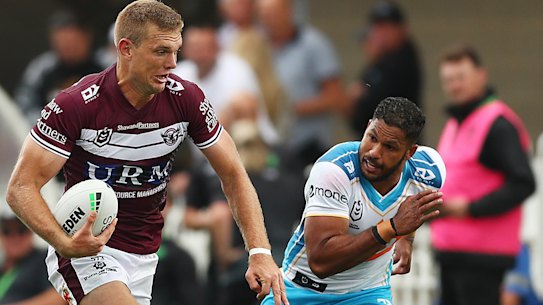 Tom Trbojevic bursts into the clear on the way to scoring a try against Titans in Mudgee on Saturday.