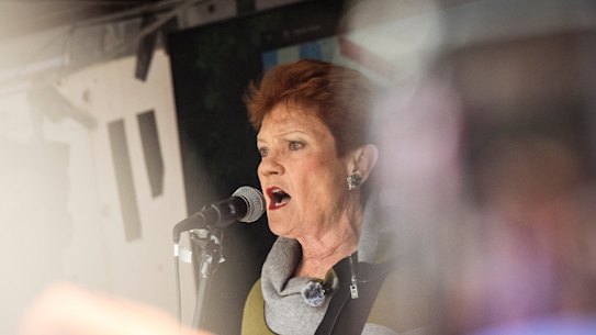 Pauline Hanson addresses a crowd at an anti-immigration rally in Melbourne in November.