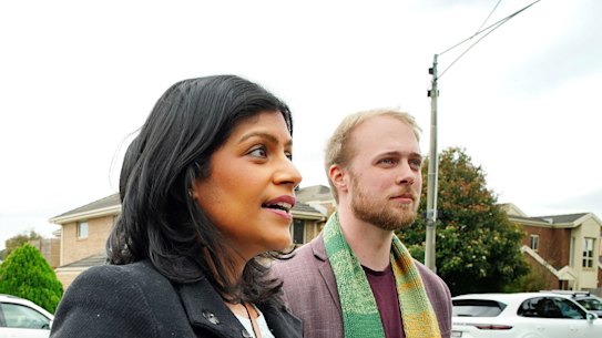 Victorian Greens leader Samantha Ratnam campaigning during the recent Warrandyte byelection. 