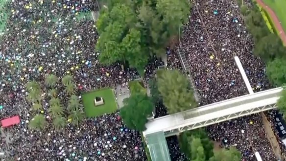 Drone footage shows protesters marching from Victoria Park on Sunday.
