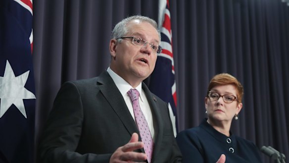 Prime Minister Scott Morrison and Minister for Foreign Affairs Marise Payne address the media during a press conference on Australia's embassy in Israel, at Parliament House in Canberra.