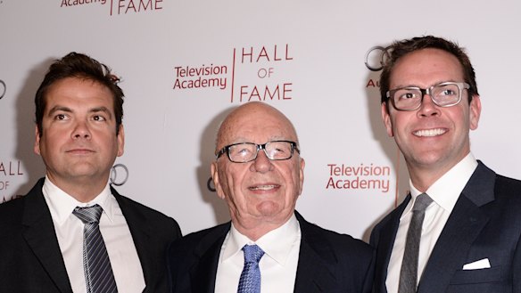 In more united times: Lachlan Murdoch, Rupert Murdoch and James Murdoch at the 2014 Television Academy Hall of Fame in Beverly Hills, California. 