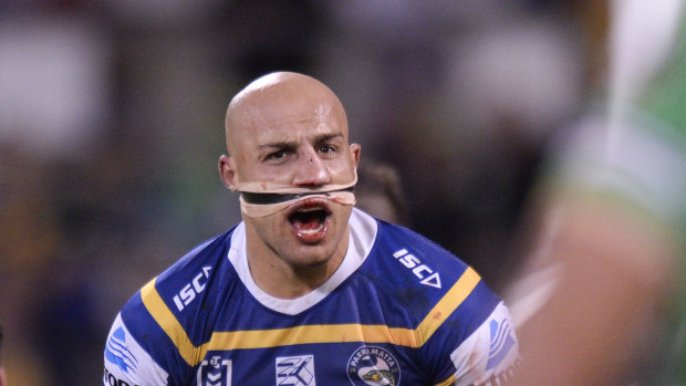 Roughed up: In-form Eels winger Blake Ferguson tried to play on with a painkilling injection (for his ribs, not his nose).