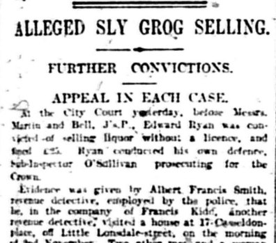 Article about alleged sly grog selling at 17 Casselden Place, The Age December 24, 1913. 