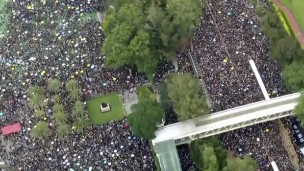 Drone footage shows protesters marching from Victoria Park on Sunday.