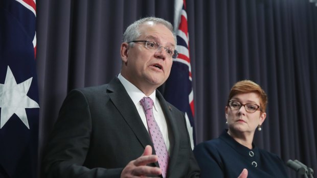 Prime Minister Scott Morrison and Minister for Foreign Affairs Marise Payne address the media during a press conference on Australia's embassy in Israel, at Parliament House in Canberra.