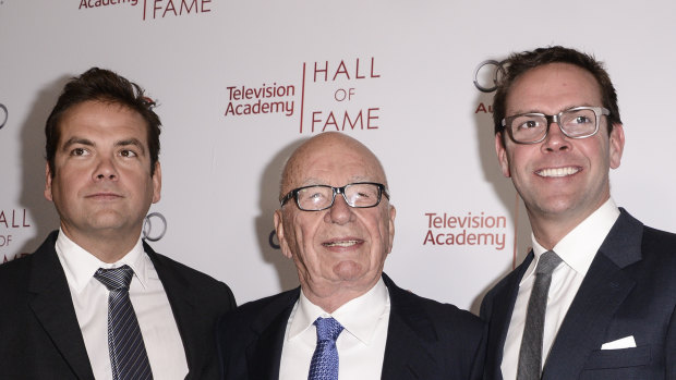 In more united times: Lachlan Murdoch, Rupert Murdoch and James Murdoch at the 2014 Television Academy Hall of Fame in Beverly Hills, California. 