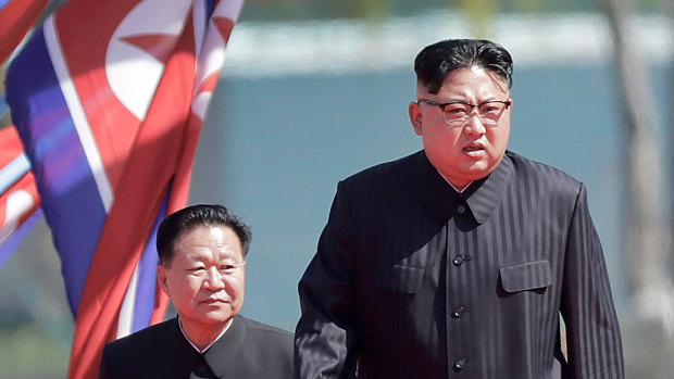 North Korean leader Kim Jong-un, right, and Choe Ryong Hae, vice-chairman of the central committee of the Workers' Party, arrive for the official opening of the Ryomyong residential area, in Pyongyang, North Korea.