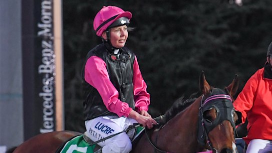 Peta Tait returns to the mounting yard aboard Unruly Student after winning the Cranbourne Corinthian at Cranbourne Racecourse on October 11, 2019.