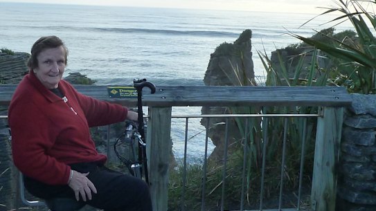 Ann Begbie, 87 at Punakaiki Rocks on the South Island of New Zealand.