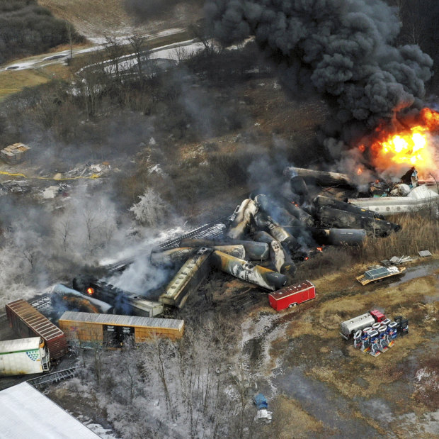 Portions of a Norfolk Southern freight train that derailed in East Palestine, Ohio.