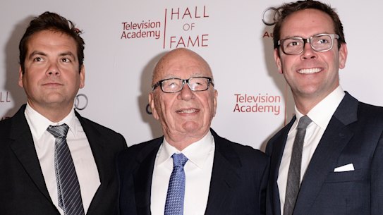 In more united times: Lachlan Murdoch (left), Rupert Murdoch (centre) and James Murdoch (right)  in California in 2014.