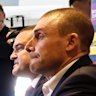 Departing Melbourne coach Simon Goodwin and president Brad Green at Tuesday’s media conference.