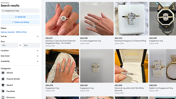 Engagement rings for sale on Facebook Marketplace.