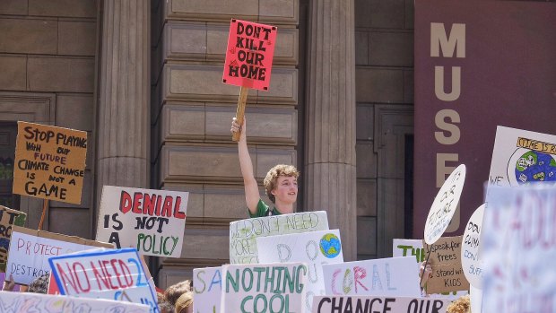 'Don't kill our home': Students on the steps of Parliament on Friday.