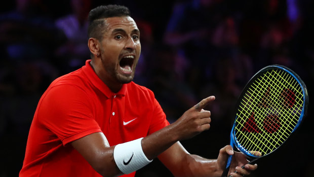 Bragging rights: Nick Kyrgios of Team World, playing with Jack Sock, celebrates against Rafael Nadal and Stefanos Tsitsipas of Team Europe.