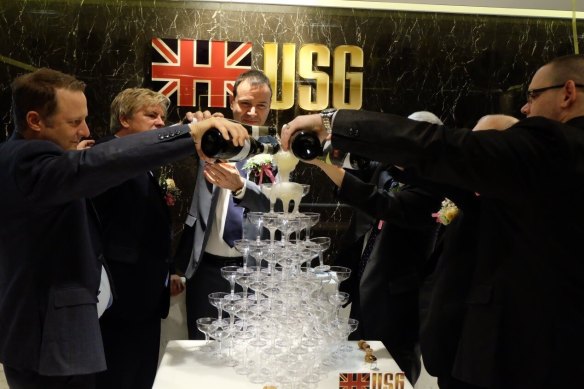 USGFX’s Hong Kong launch in 2018. From left: Shuriken’s Andrew Jeffers, USG director John Martin, USG chief executive Shay Zakhaim. 