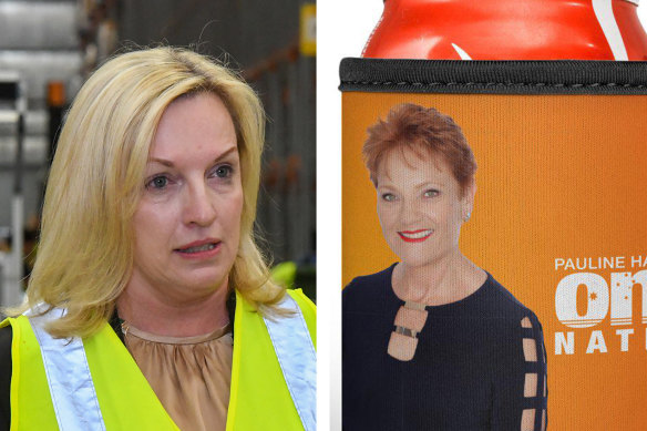 Pauline Hanson, right, has become a key supporter of Christine Holgate, who intervened to get Pauline Hanson stubby holders distributed to residents in one of Melbourne’s locked down public housing towers last year. 