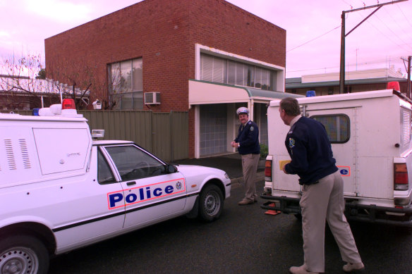 Police officers outside a former bank building in Snowtown during the initial investigation in 1999.