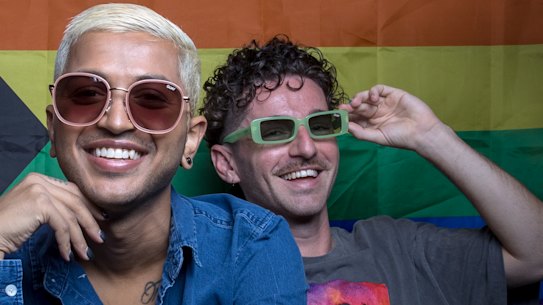 
Activist Dom Thattil and Adrian Murdoch from LGBTQIA+ organisation Minus 18 wearing sunglasses from Quay’s Pride collection.