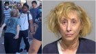 Stephanie Rapkin, right, was arrested on Saturday after a video, left, showed her spitting at a protester. 