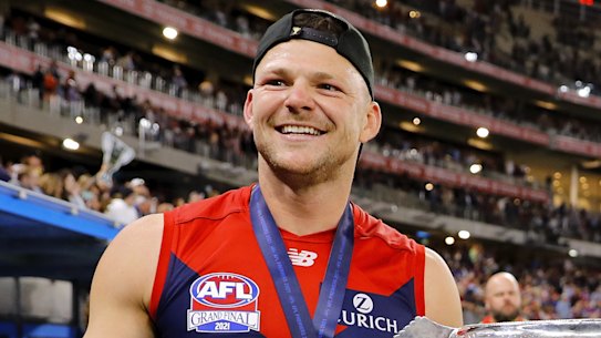 Steven May celebrates with Michael Hibberd.
