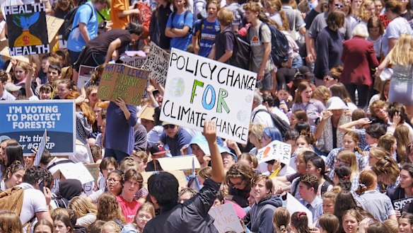 Students protesting on Spring Street on Friday.