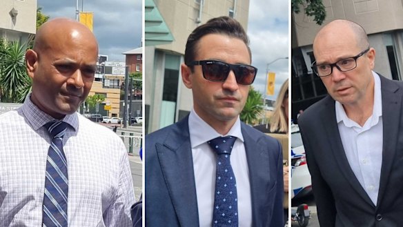 Dihan Aponso, Elliott Lacaze and Richard Laherty before the Brisbane Magistrates Court earlier this month.
