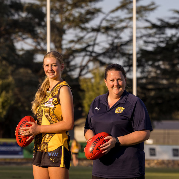 Wangaratta Rovers coach Jessica Whitehead with one of her players, 16-year-old Amelie Thompson.