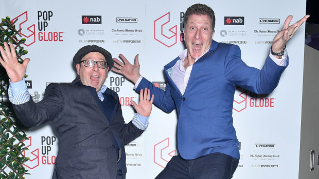 Dr Miles Gregory, Pop-up Globe founder, and Simon Pryce, Red Wiggle, at the opening night of the Pop Up Globe showing A Midsummer Night's Dream at the Entertainment Quarter on Wednesday.