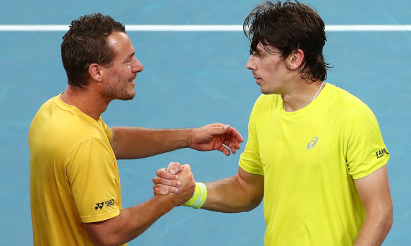 Alex de Minaur (right) is emerging from Lleyton Hewitt’s shadow with his own lofty achievements.