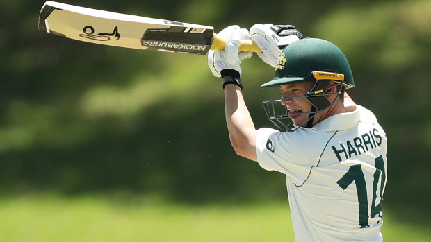 Marcus Harris bats during Australia A's first tour match against Indians.
