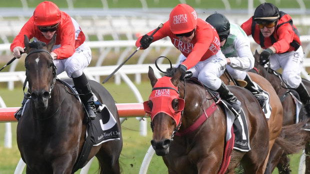 On target: Redzel and Kerrin McEvoy kick clear in the Concorde Stakes.