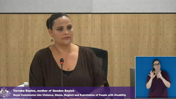 Yarraka Bayles, Quaden's mother, speaks at the disability royal commission on Monday..