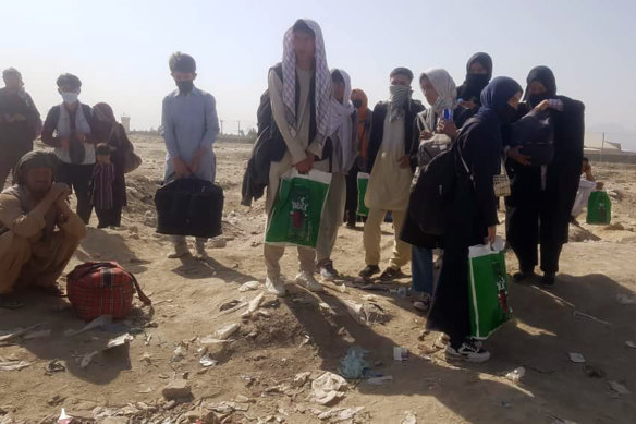 Members of the Afghanistan national girls’ youth soccer team and their families in Kabul, on Sunday, August 29, 2021, the day before the last flights from the airport. 