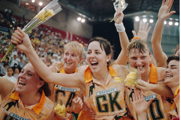 Ellis celebrates Australia’s 68-48 victory over South Africa in the World Netball Championship in 1995. 