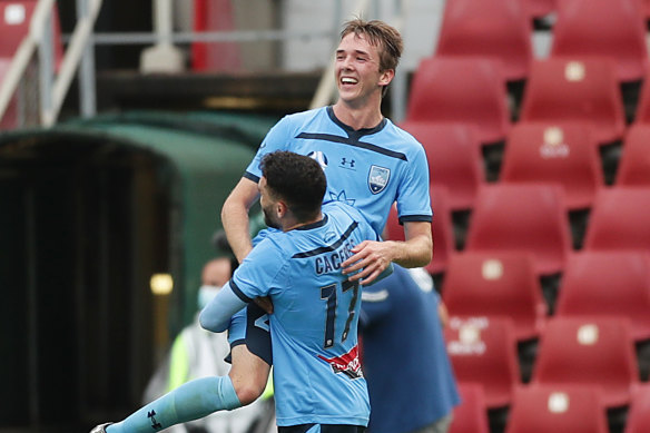 Calem Nieuwenhof was mobbed by his teammates after scoring his first A-League goal on Saturday.