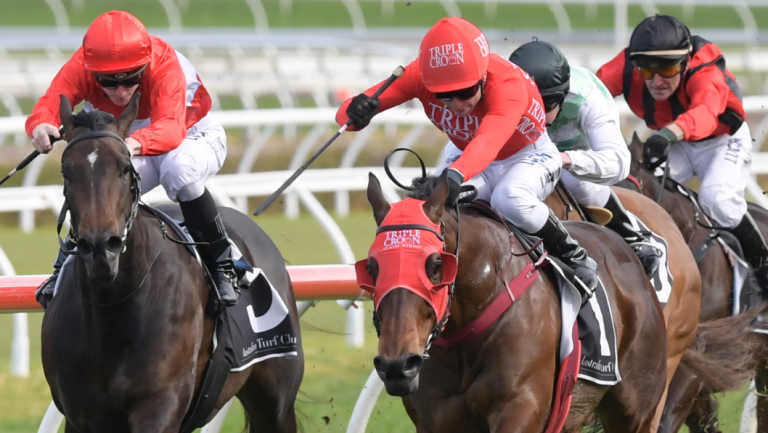 On target: Redzel and Kerrin McEvoy kick clear in the Concorde Stakes.