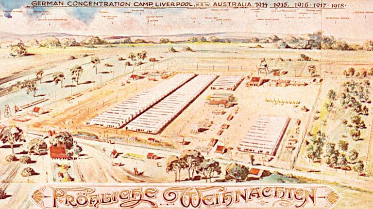 Sent from the "German concentration camp in Liverpool, NSW", this card's title Frohliche Weihnachten ("Merry Christmas'') was "ironic given that Holdsworthy camp was not a site of great merriment''.