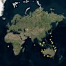 At least 55 ships carrying oil and refined fuel are headed for Australia by the end of April. Arrows are ships en route to Australia; squares are still at port.