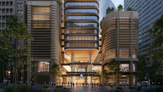 A render of an entrance to the Metro West station beneath Hunter Street n the Sydney CBD.