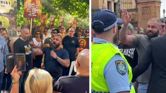Left: Charlie Bakhos (left) and Christian Sukkar at a protest. Right: Sukkar talking to police.