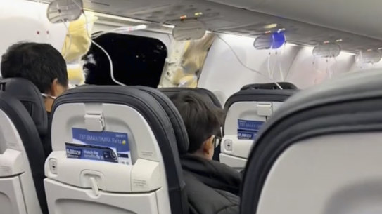 A passenger’s view from inside the Alaska Airlines aircraft on January 5, showing the blown-out panel.