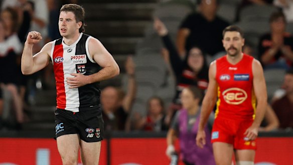 Higgins celebrates one of his five goals against the Suns.