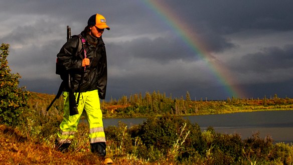 Graduate student Janelle Sharp accompanied researcher Katey Walter Anthony to Esieh Lake. The team brought shotguns as protection against grizzly bears, which frequent the area. 